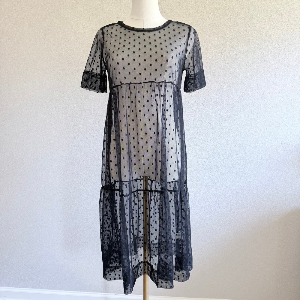 Sheer Black Polka Dot Mesh Midi Dress XS Gothcore Festival Beach Coverup